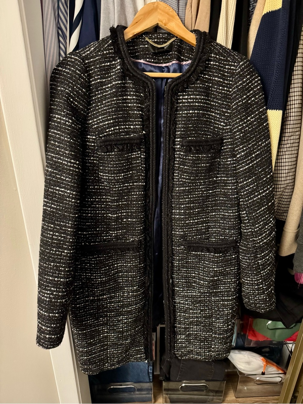 J. Crew Black Tweed Fringe-Trim Long Blazer
